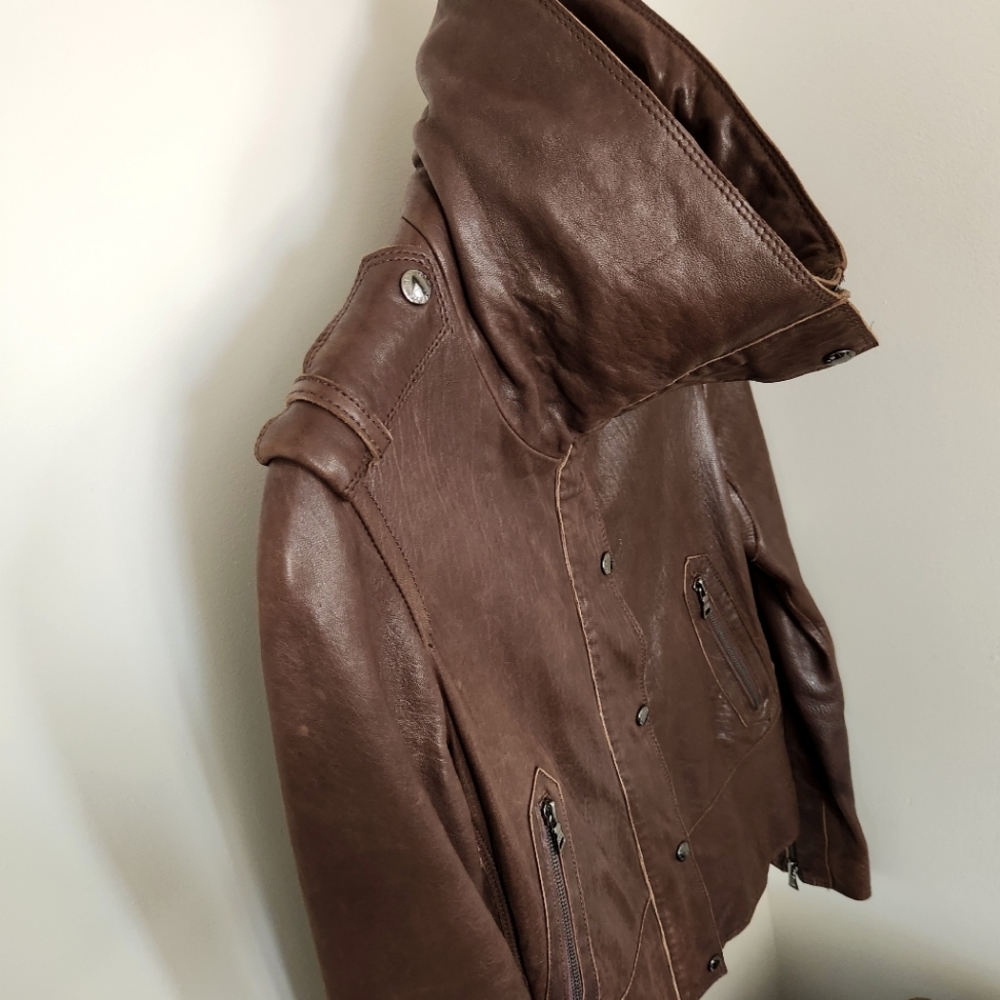 Marc New York Andrew Marc Brown Leather Funnel High Collar Jacket - Picture 5 of 15